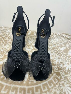 Sam Edelman Colter  Black Mesh Bow Slingback Heels with Jewel Detail